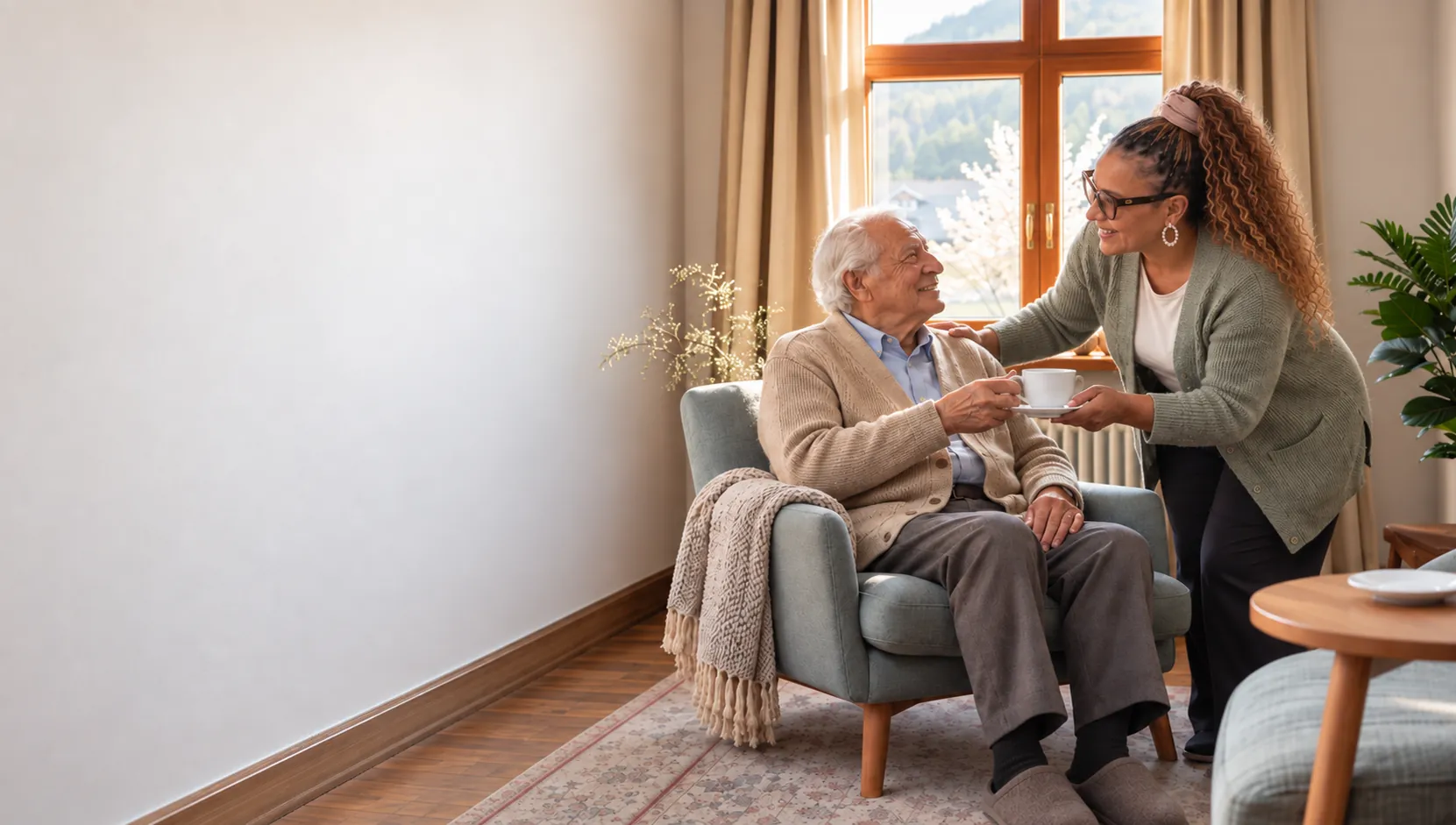 Dans son salon, Olinda tend une tasse de thé à un monsieur âgé assis dans son fauteuil