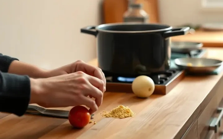 Des mains préparent un repas simple dans une cuisine