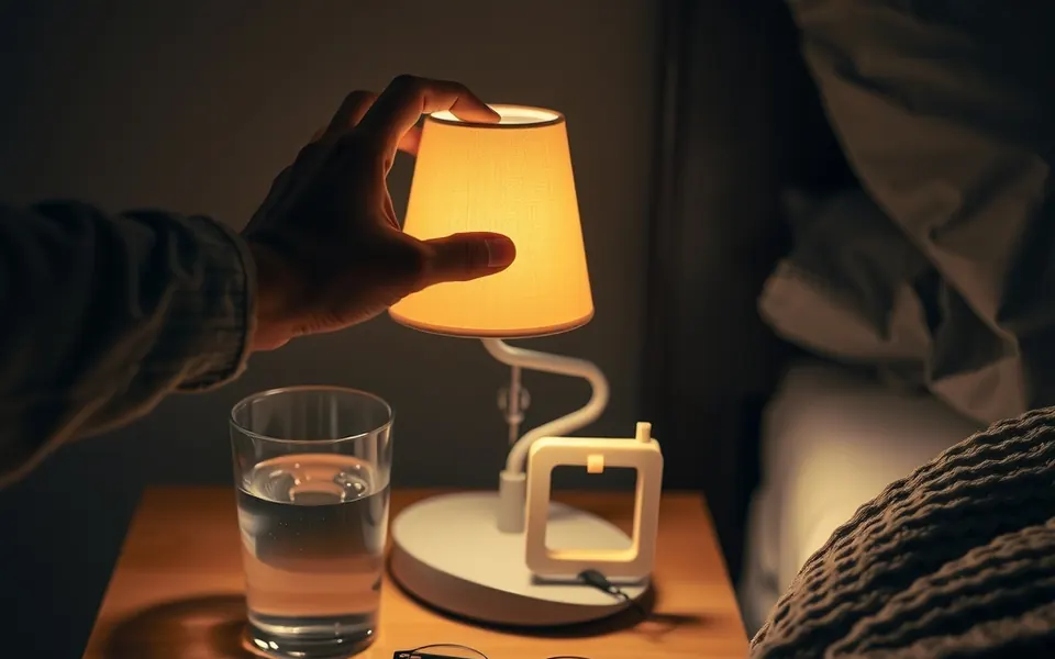 Une main allume une petite lampe de chevet, la nuit, à côté d'un verre d'eau