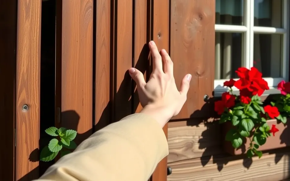 Une main frappe à la porte en bois d'un chalet valaisan fleuri